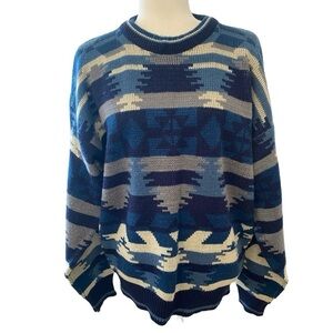 Basic Trends Vintage Aztec Native American Print Blue Sweater Size Large Womens